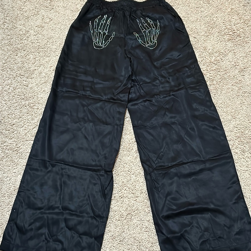 Victoria Secret Pink Black Satin Skeleton Hand Print Bejeweled Pants